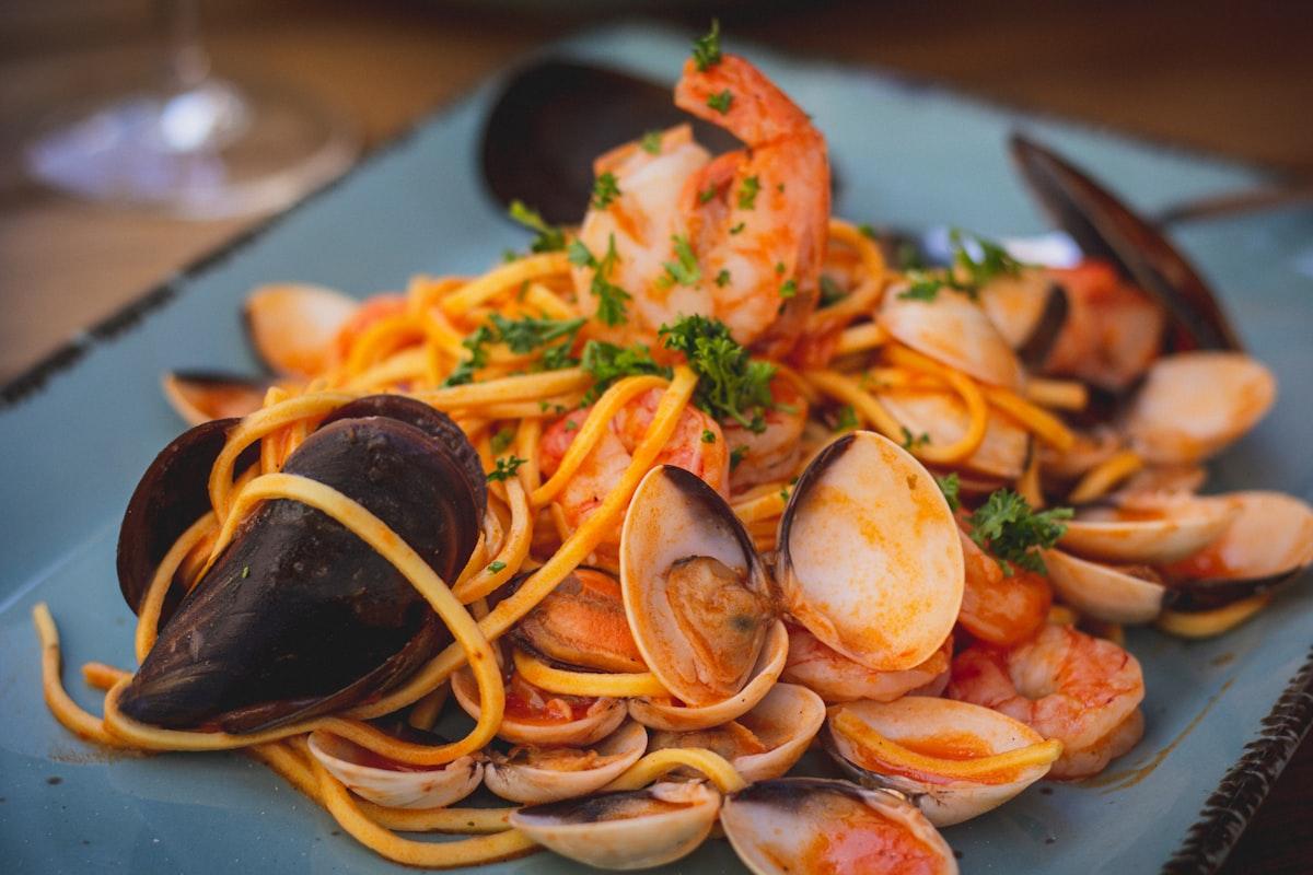 Plated seafood dish on a wooden table